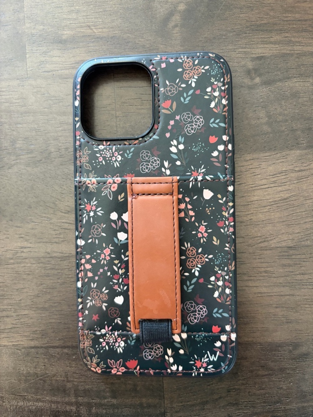 Black Floral Smartphone Case with Brown Strap - Protective Grip 13 Pro Max Case